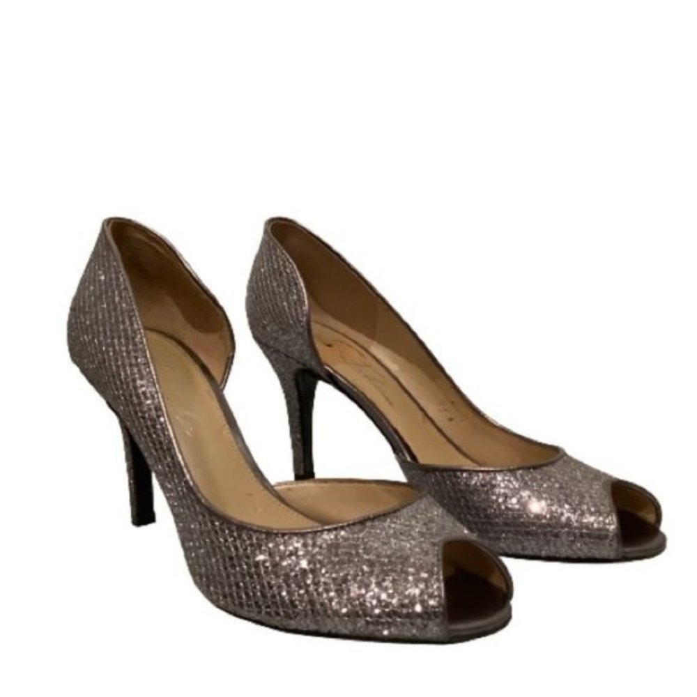 MARC FISHER SPARKLY PEEP TOE SILVER HEELS SIZE 8.5